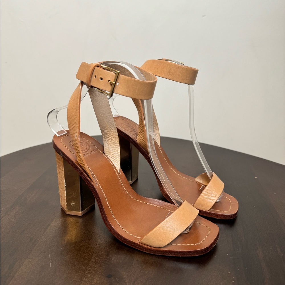 Tory Burch Tan Leather Block Heel Sandals with Gold Accent